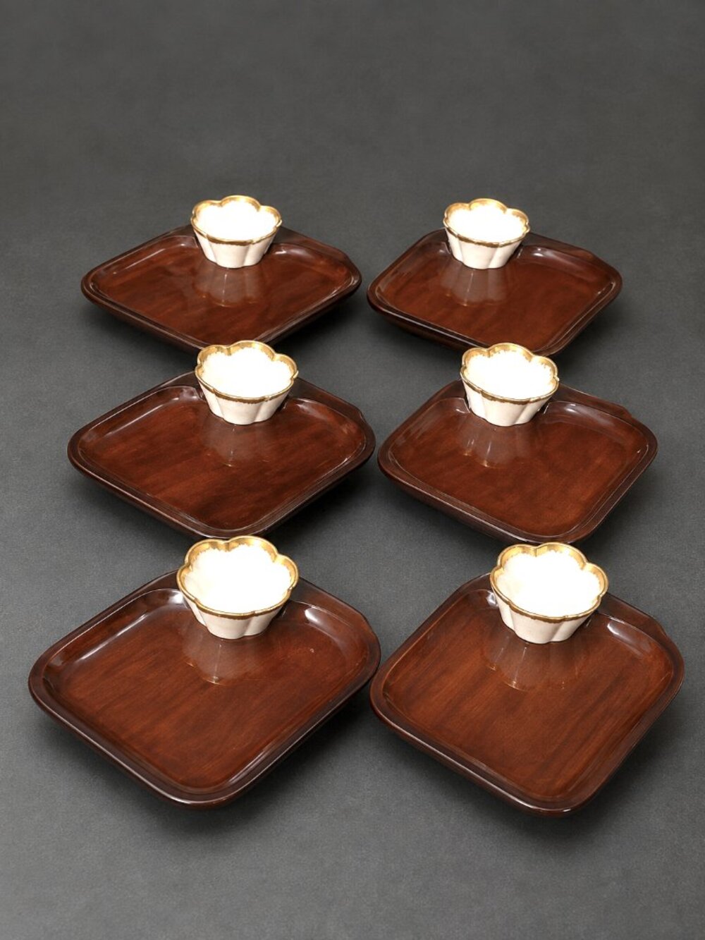 VTG Denny Francis 1978 Wood Snack Trays w/ Porcelain Dishes |  6 bowls/6 Trays